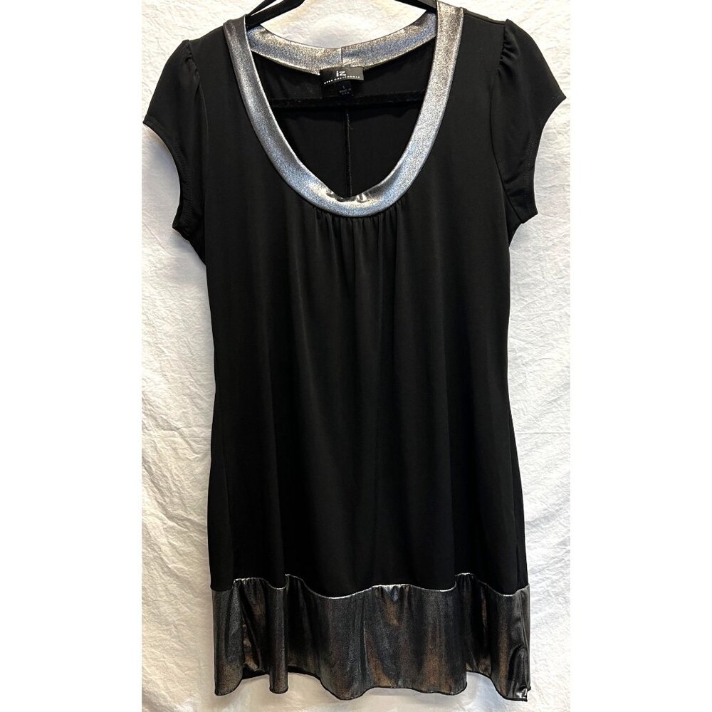Iz Byer California Black & Silver Tunic Top Large Short Sleeve Scoop Neck